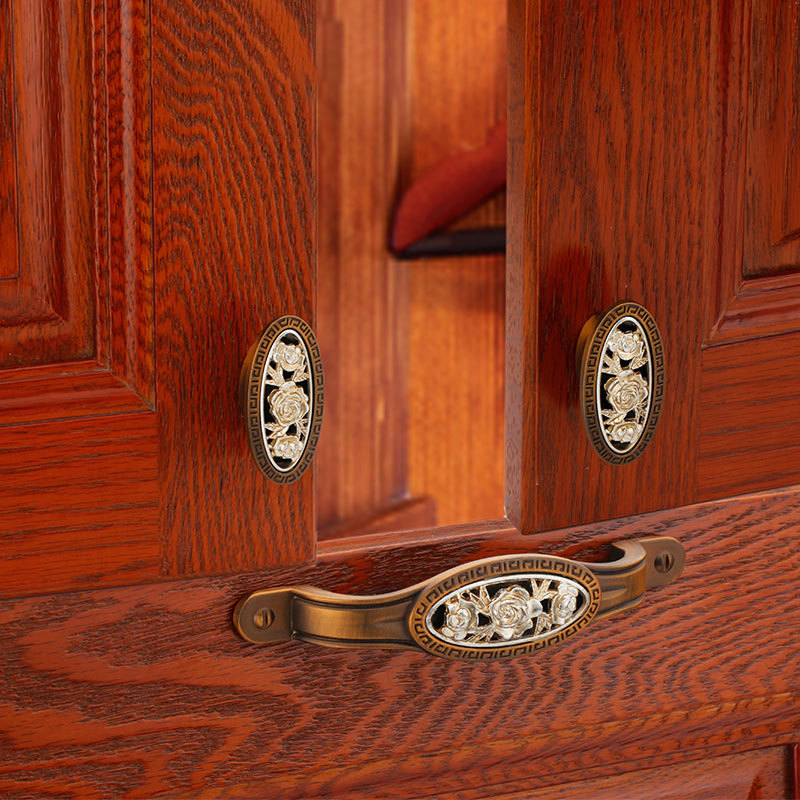 Paidu Manufacturer Chinese-style Ceramic Coffee Antique Bronze Handles With Jade Inlay Drawer Wardrobe Door Handles Floral Design